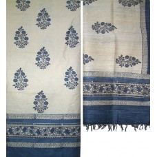 Moonga Silk Block Print Fabric & Dupatta Natural Blue Set